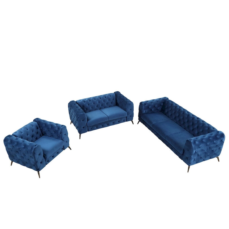 Velvet 3-Piece Sofa Set - Button-Tufted, 3-Seater, Loveseat & Chair, Pocket Spring & Foam, Metal Legs, 250 lbs Per Seat