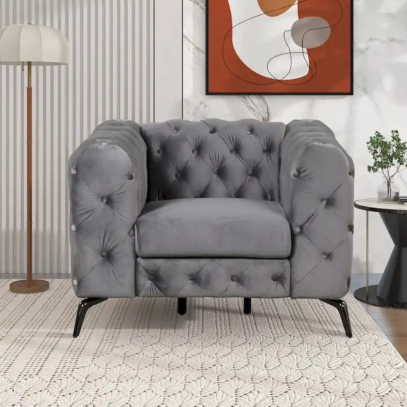 Velvet 3-Piece Sofa Set - Button-Tufted, 3-Seater, Loveseat & Chair, Pocket Spring & Foam, Metal Legs, 250 lbs Per Seat