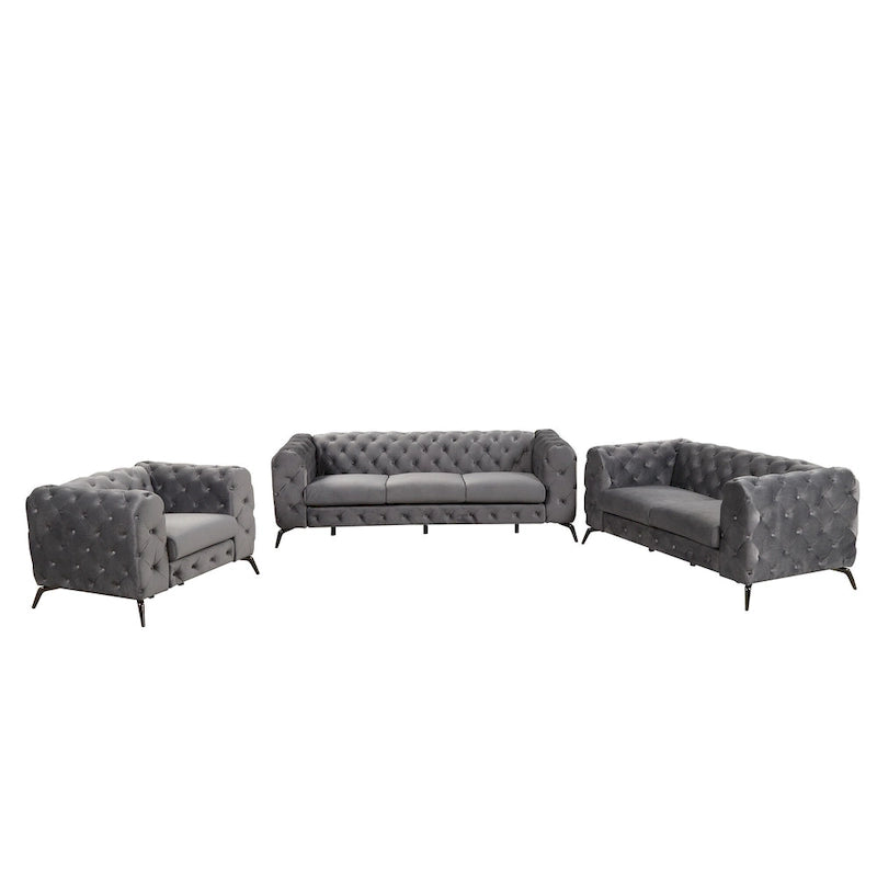 Velvet 3-Piece Sofa Set - Button-Tufted, 3-Seater, Loveseat & Chair, Pocket Spring & Foam, Metal Legs, 250 lbs Per Seat