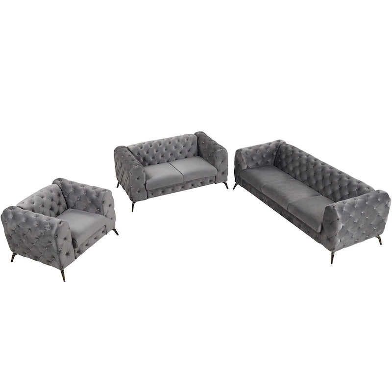 Velvet 3-Piece Sofa Set - Button-Tufted, 3-Seater, Loveseat & Chair, Pocket Spring & Foam, Metal Legs, 250 lbs Per Seat