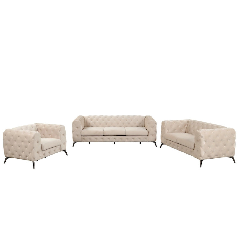 Velvet 3-Piece Sofa Set - Button-Tufted, 3-Seater, Loveseat & Chair, Pocket Spring & Foam, Metal Legs, 250 lbs Per Seat