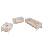 Velvet 3-Piece Sofa Set - Button-Tufted, 3-Seater, Loveseat & Chair, Pocket Spring & Foam, Metal Legs, 250 lbs Per Seat