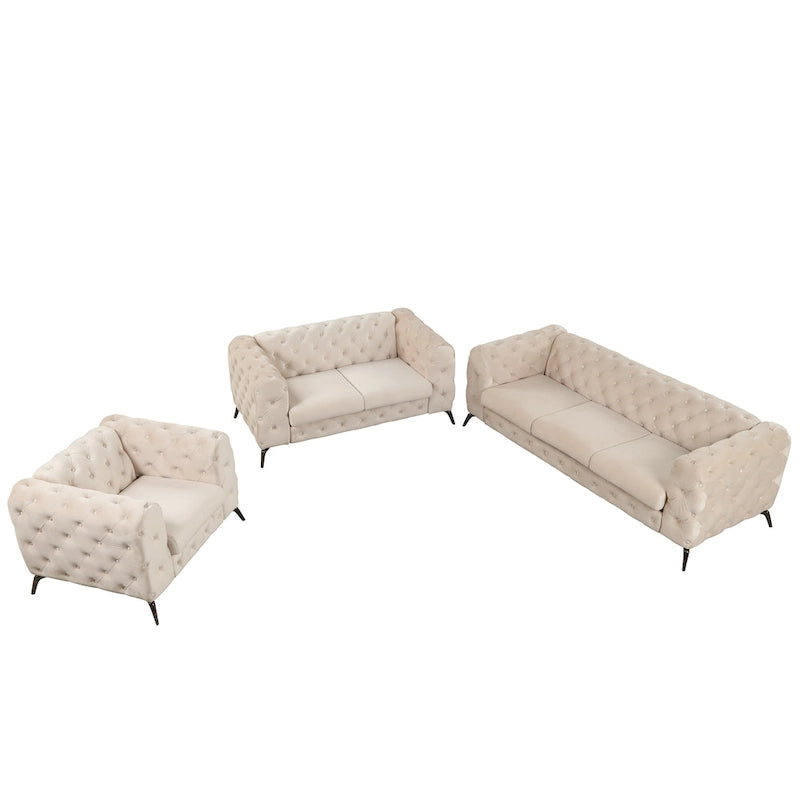 Velvet 3-Piece Sofa Set - Button-Tufted, 3-Seater, Loveseat & Chair, Pocket Spring & Foam, Metal Legs, 250 lbs Per Seat