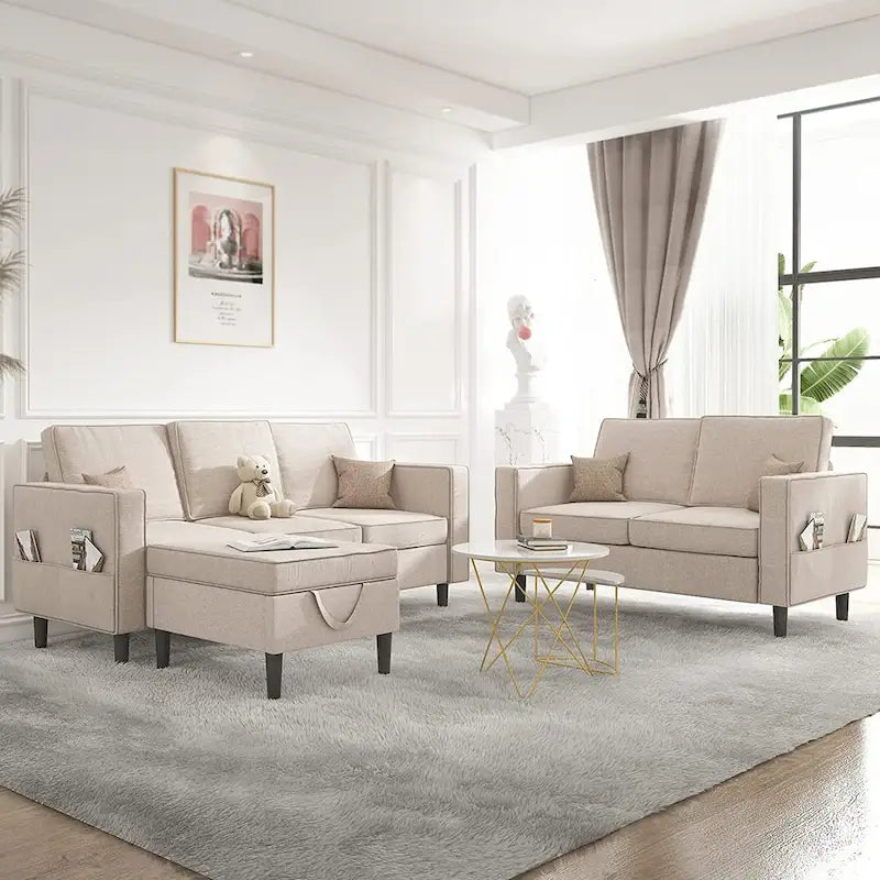 Convertible Sectional Sofa Set - 3-Seater, Loveseat & Ottoman, Solid Wood Frame, Storage Pockets, 5-6 Seats, Modern Modular