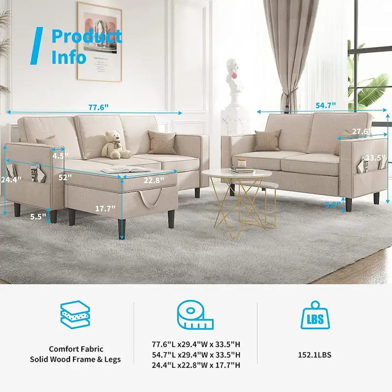 Convertible Sectional Sofa Set - 3-Seater, Loveseat & Ottoman, Solid Wood Frame, Storage Pockets, 5-6 Seats, Modern Modular
