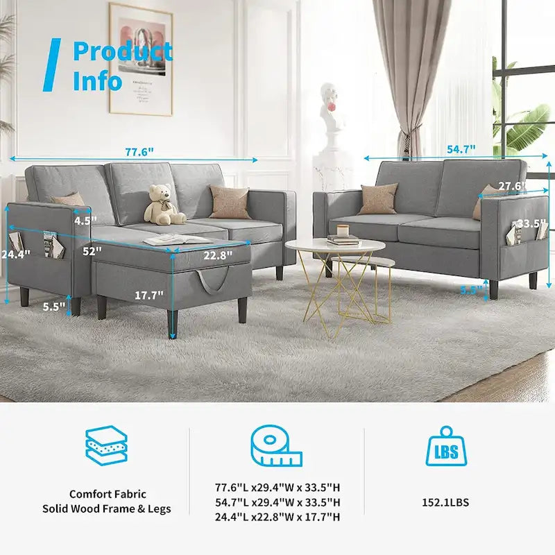 Convertible Sectional Sofa Set - 3-Seater, Loveseat & Ottoman, Solid Wood Frame, Storage Pockets, 5-6 Seats, Modern Modular