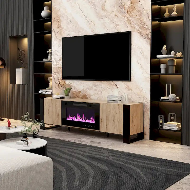 68.9" TV Stand with Electric Fireplace, 12 LED Flame Modes, 1500W, Remote Control, Wood Grain, Cable Management