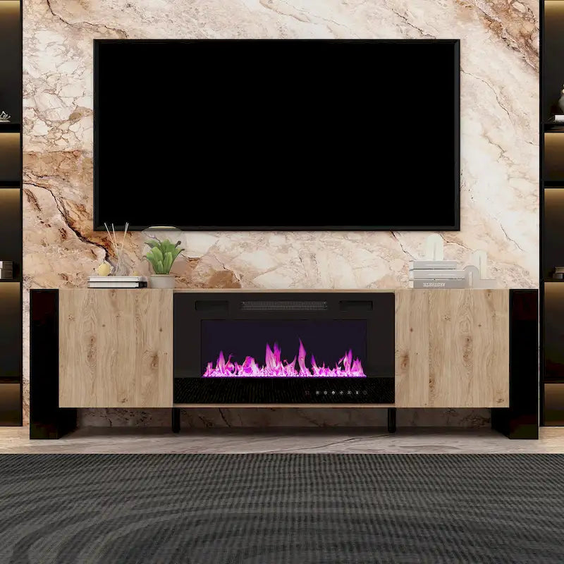 68.9" TV Stand with Electric Fireplace, 12 LED Flame Modes, 1500W, Remote Control, Wood Grain, Cable Management