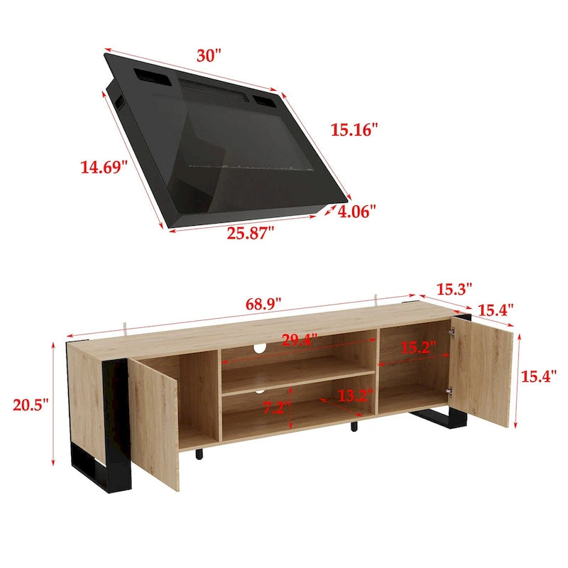 68.9" TV Stand with Electric Fireplace, 12 LED Flame Modes, 1500W, Remote Control, Wood Grain, Cable Management