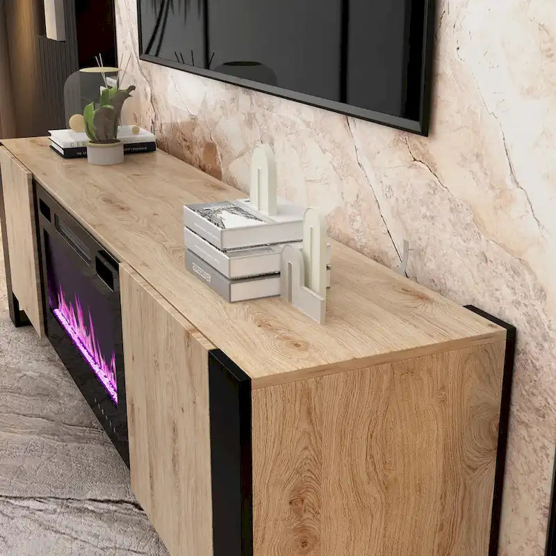 68.9" TV Stand with Electric Fireplace, 12 LED Flame Modes, 1500W, Remote Control, Wood Grain, Cable Management