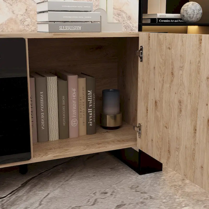 68.9" TV Stand with Electric Fireplace, 12 LED Flame Modes, 1500W, Remote Control, Wood Grain, Cable Management