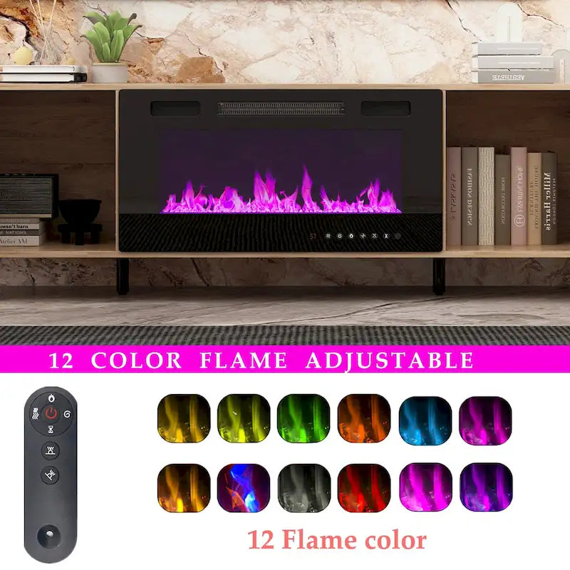 68.9" TV Stand with Electric Fireplace, 12 LED Flame Modes, 1500W, Remote Control, Wood Grain, Cable Management