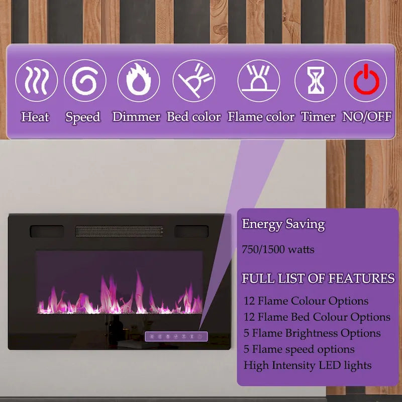 68.9" TV Stand with Electric Fireplace, 12 LED Flame Modes, 1500W, Remote Control, Wood Grain, Cable Management