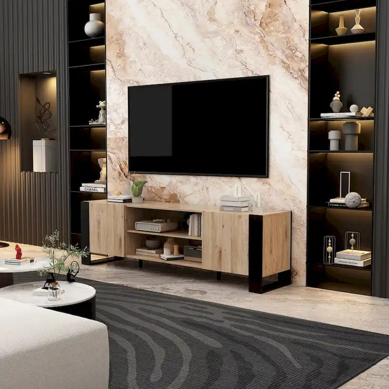 68.9" TV Stand with Electric Fireplace, 12 LED Flame Modes, 1500W, Remote Control, Wood Grain, Cable Management