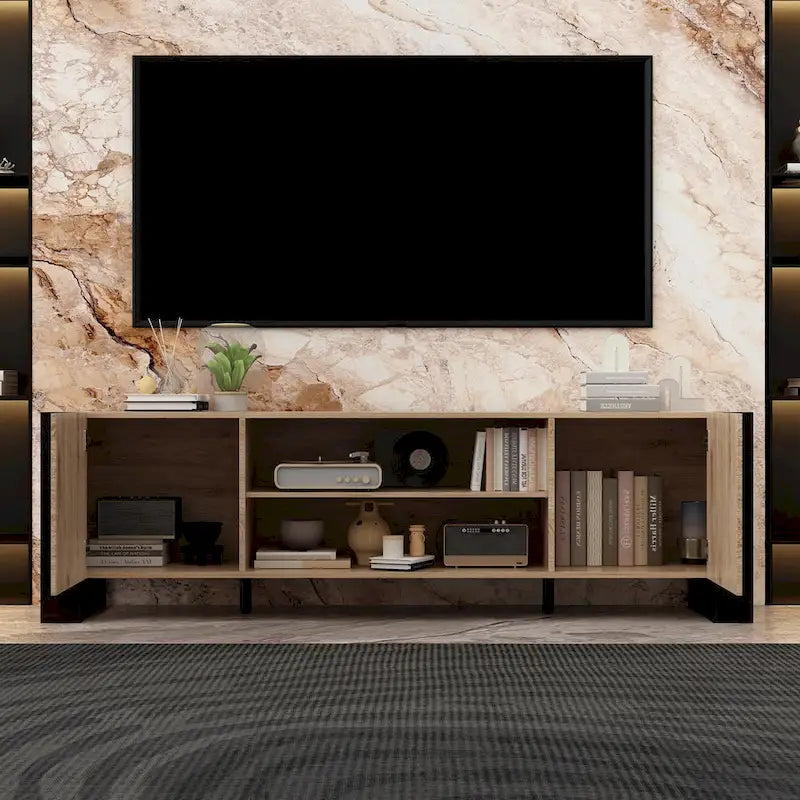 68.9" TV Stand with Electric Fireplace, 12 LED Flame Modes, 1500W, Remote Control, Wood Grain, Cable Management