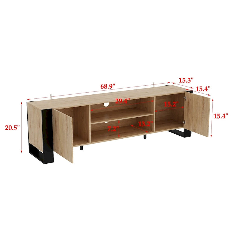 68.9" TV Stand with Electric Fireplace, 12 LED Flame Modes, 1500W, Remote Control, Wood Grain, Cable Management