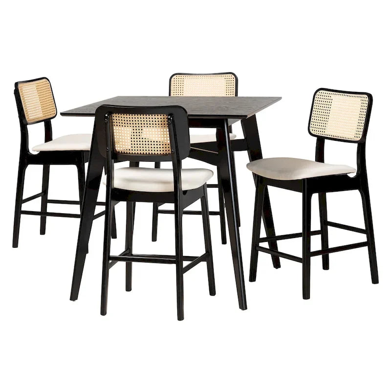 5-Piece Pub Dining Set - 1 Table + 4 Stools - Mid-Century Modern - Rattan Back - Foam Padded Seats - Rubber Wood - 35.4"W Table - Footrests - 3 Color Options