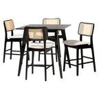 5-Piece Pub Dining Set - 1 Table + 4 Stools - Mid-Century Modern - Rattan Back - Foam Padded Seats - Rubber Wood - 35.4"W Table - Footrests - 3 Color Options