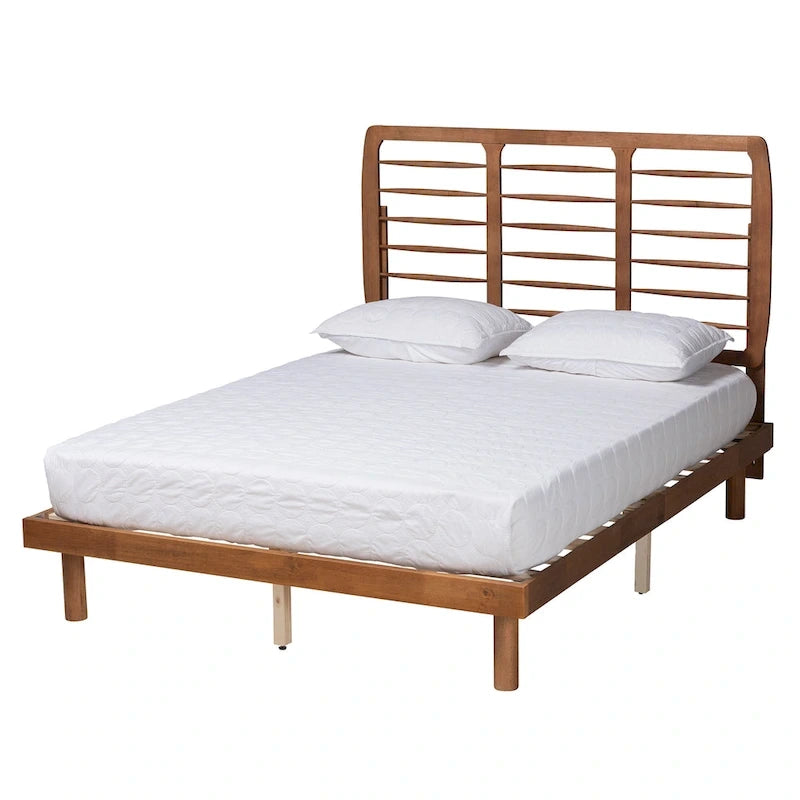 Mid-Century Ash Walnut Platform Bed - Spindle Headboard, Adjustable Height, Low Profile, Full/Queen/King