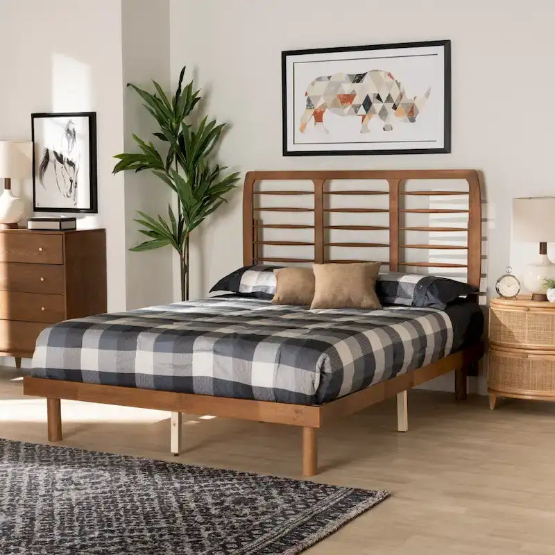 Mid-Century Ash Walnut Platform Bed - Spindle Headboard, Adjustable Height, Low Profile, Full/Queen/King