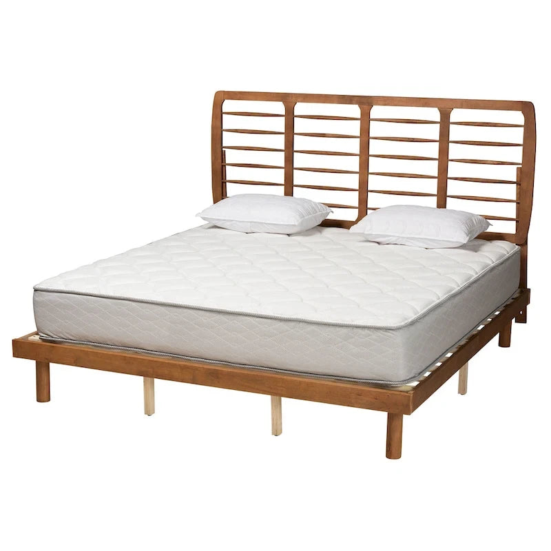 Mid-Century Ash Walnut Platform Bed - Spindle Headboard, Adjustable Height, Low Profile, Full/Queen/King