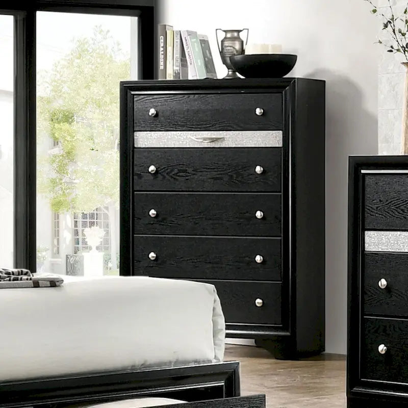 2-Piece Bedroom Set with Nightstand & 5-Drawer Chest, Hidden Jewelry Drawer, Black Wood, Contemporary
