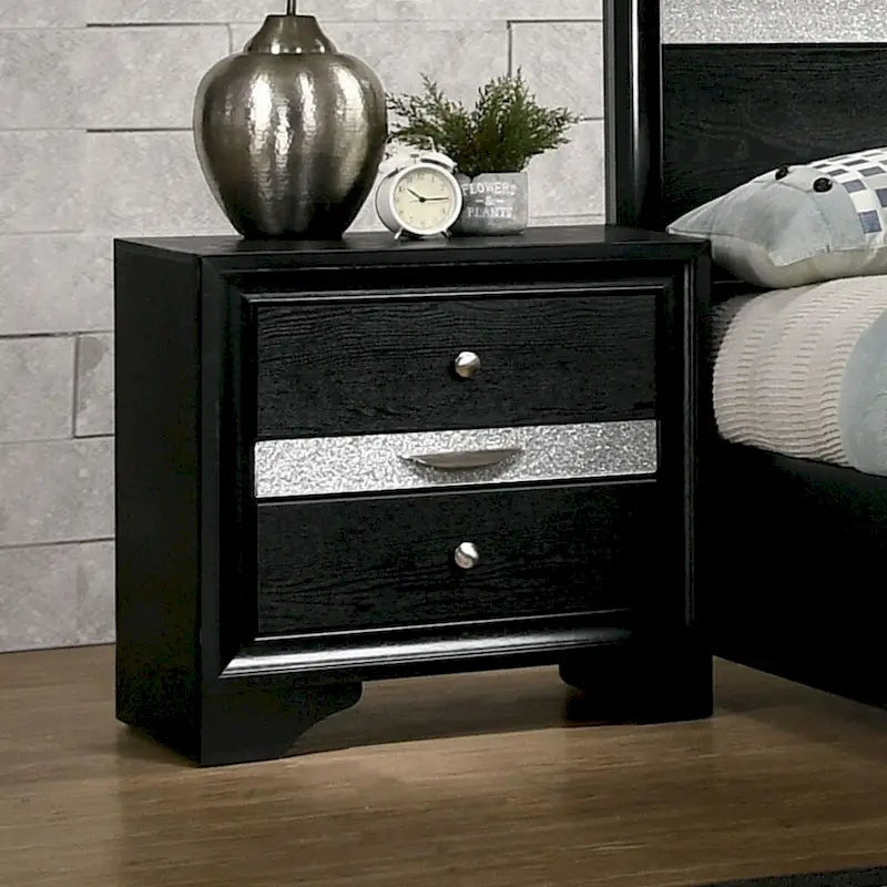 2-Piece Bedroom Set with Nightstand & 5-Drawer Chest, Hidden Jewelry Drawer, Black Wood, Contemporary