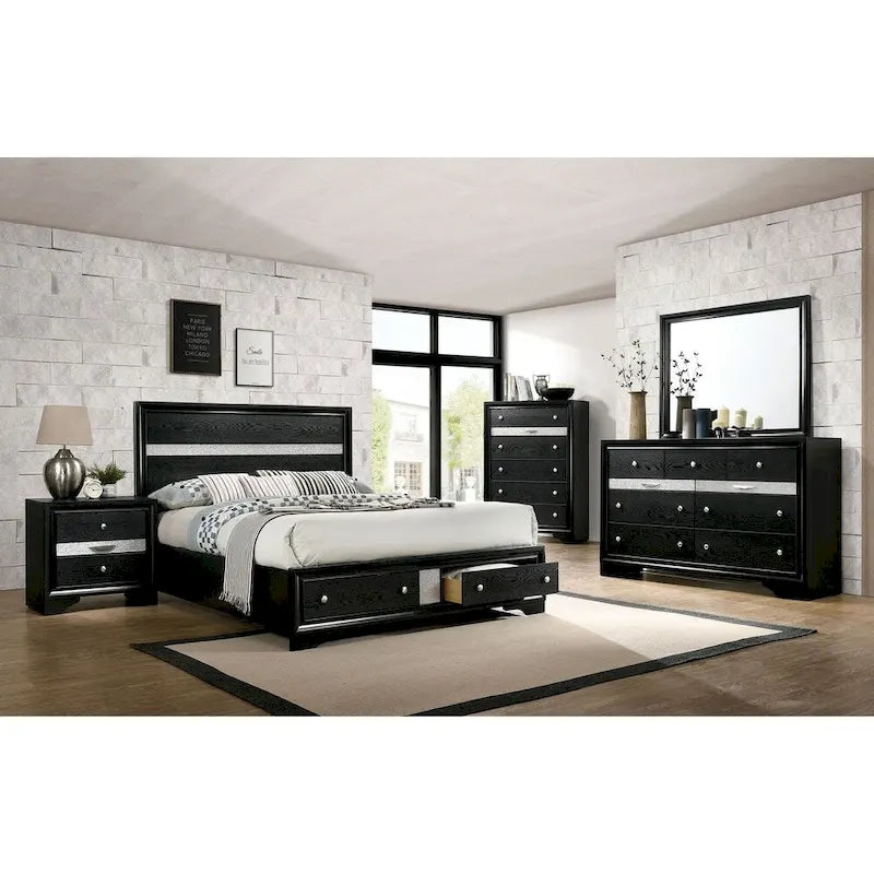 2-Piece Bedroom Set with Nightstand & 5-Drawer Chest, Hidden Jewelry Drawer, Black Wood, Contemporary