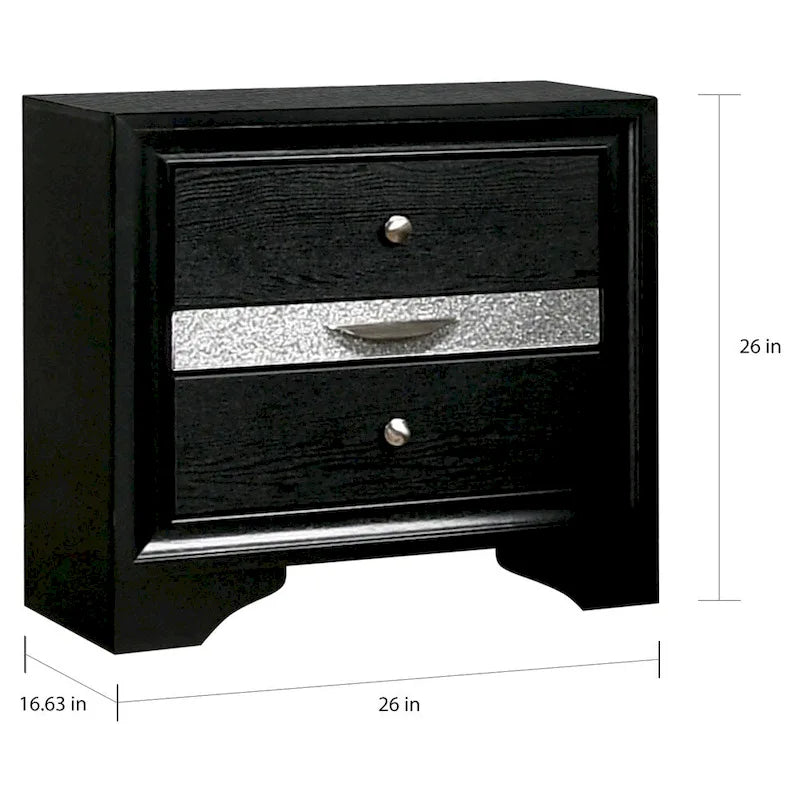 2-Piece Bedroom Set with Nightstand & 5-Drawer Chest, Hidden Jewelry Drawer, Black Wood, Contemporary