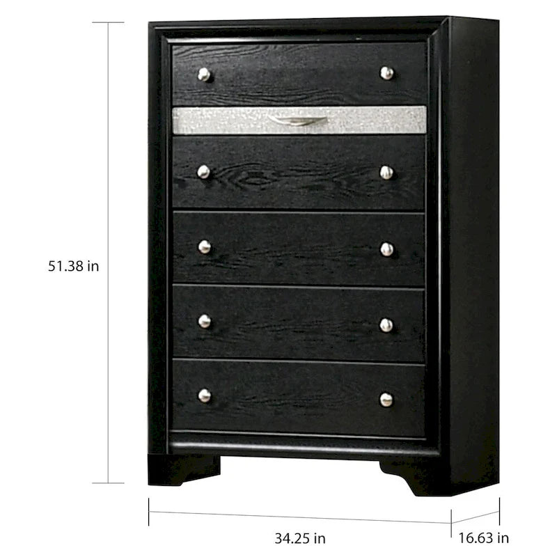 2-Piece Bedroom Set with Nightstand & 5-Drawer Chest, Hidden Jewelry Drawer, Black Wood, Contemporary