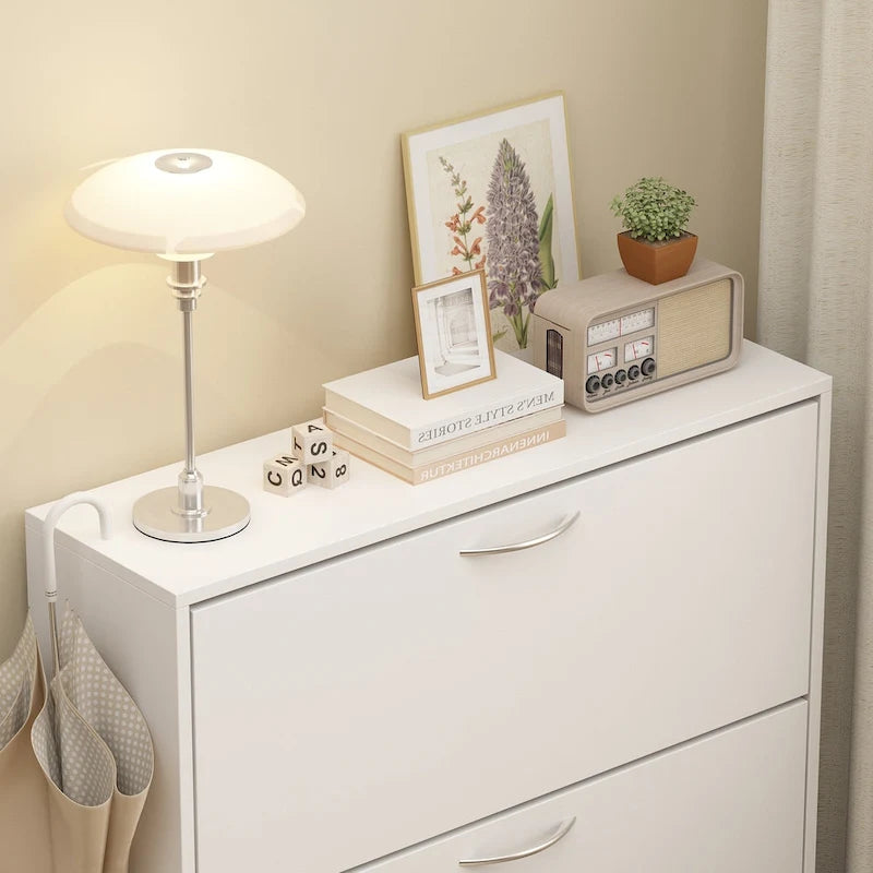 Narrow Shoe Storage Cabinet for Entryway, 3 Flip-Down Compartments, White MDF, European Style