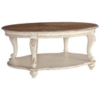 Oval Coffee Table - Cottage Style, Two-Tone White/Brown, Cabriole Legs, Lower Shelf, Distressed Wood Top, 48" W x 34" D x 20" H