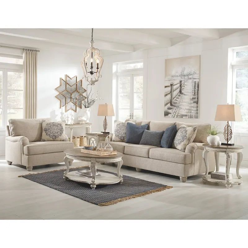 Oval Coffee Table - Cottage Style, Two-Tone White/Brown, Cabriole Legs, Lower Shelf, Distressed Wood Top, 48" W x 34" D x 20" H