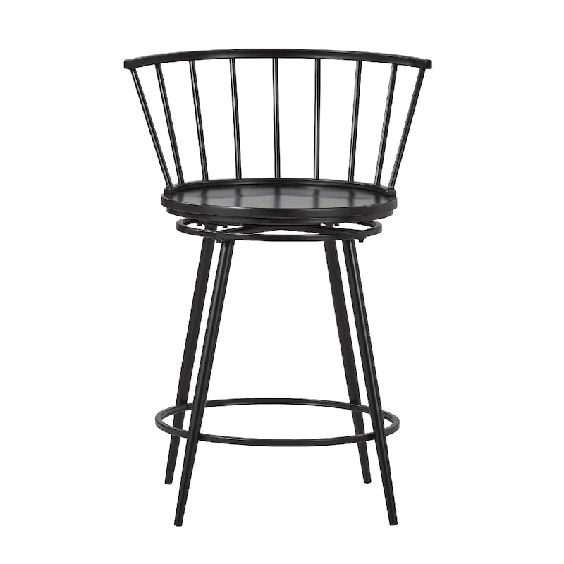 Windsor Swivel Counter Stools Set of 2 - Low Wide Back - 24"H Seat - Powder-Coated Iron & MDF - Footrest - 23.75"W x 34.5"H - Modern Transitional Style