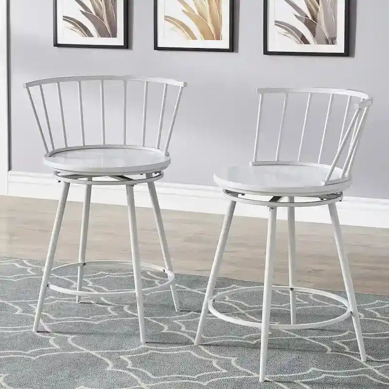 Windsor Swivel Counter Stools Set of 2 - Low Wide Back - 24"H Seat - Powder-Coated Iron & MDF - Footrest - 23.75"W x 34.5"H - Modern Transitional Style