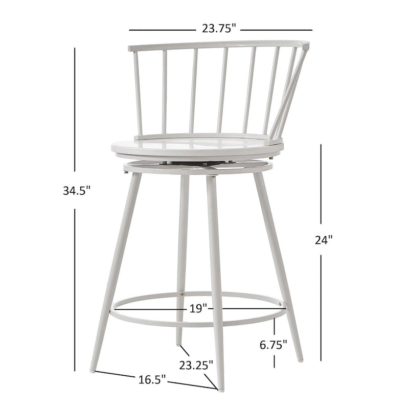 Windsor Swivel Counter Stools Set of 2 - Low Wide Back - 24"H Seat - Powder-Coated Iron & MDF - Footrest - 23.75"W x 34.5"H - Modern Transitional Style