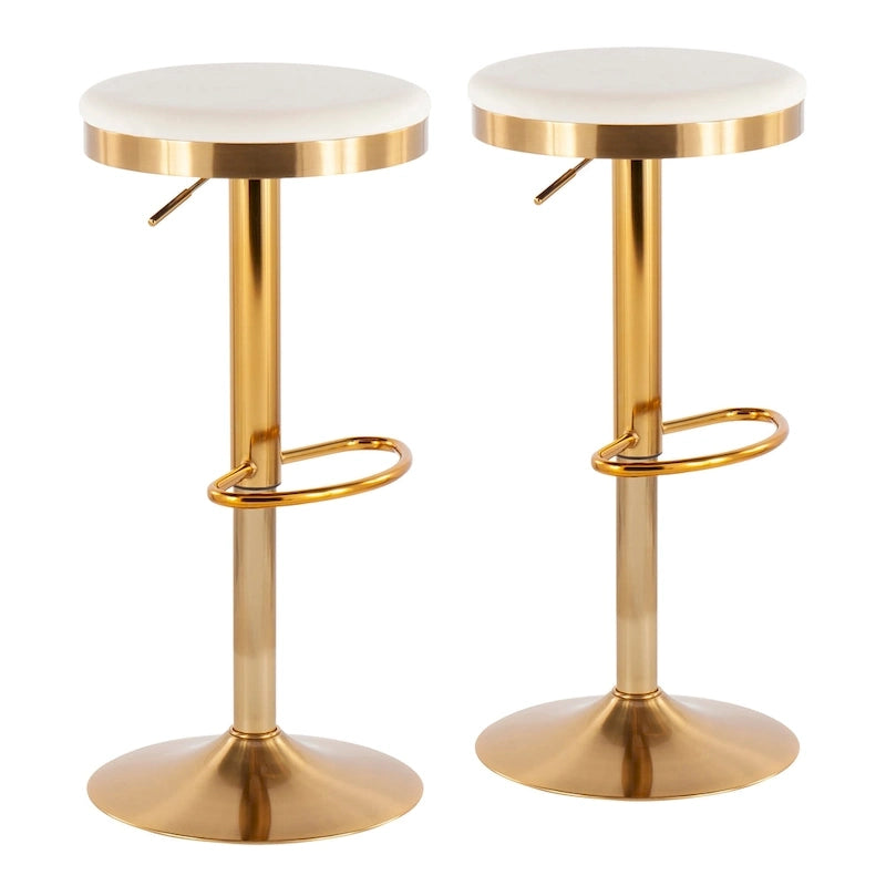 Adjustable Bar Stools Set of 2 - 360° Swivel - Gold Steel Frame - White Faux Leather - 23-31.75"H - Built-in Footrest - 250 lbs Capacity - Glam Modern Style