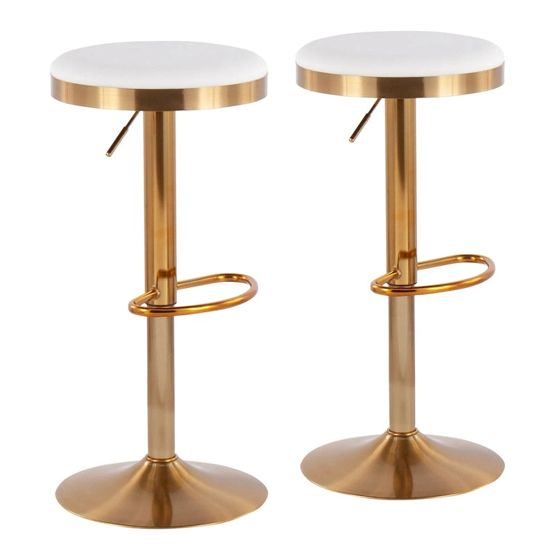 Adjustable Bar Stools Set of 2 - 360° Swivel - Gold Steel Frame - White Faux Leather - 23-31.75"H - Built-in Footrest - 250 lbs Capacity - Glam Modern Style