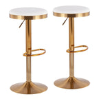 Adjustable Bar Stools Set of 2 - 360° Swivel - Gold Steel Frame - White Faux Leather - 23-31.75"H - Built-in Footrest - 250 lbs Capacity - Glam Modern Style