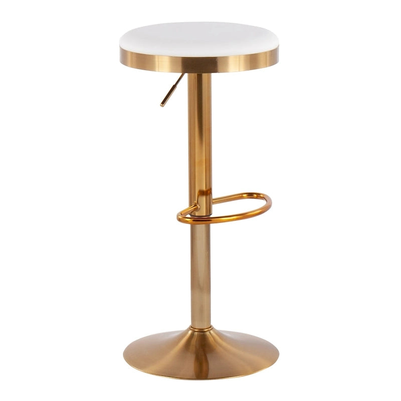 Adjustable Bar Stools Set of 2 - 360° Swivel - Gold Steel Frame - White Faux Leather - 23-31.75"H - Built-in Footrest - 250 lbs Capacity - Glam Modern Style