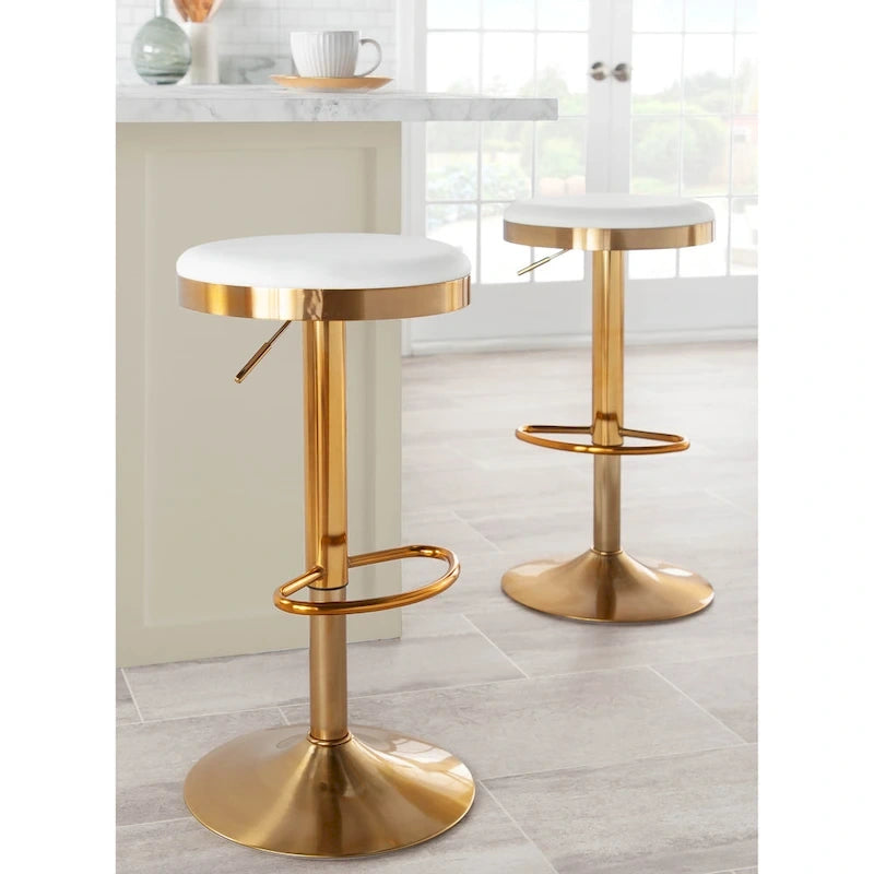 Adjustable Bar Stools Set of 2 - 360° Swivel - Gold Steel Frame - White Faux Leather - 23-31.75"H - Built-in Footrest - 250 lbs Capacity - Glam Modern Style