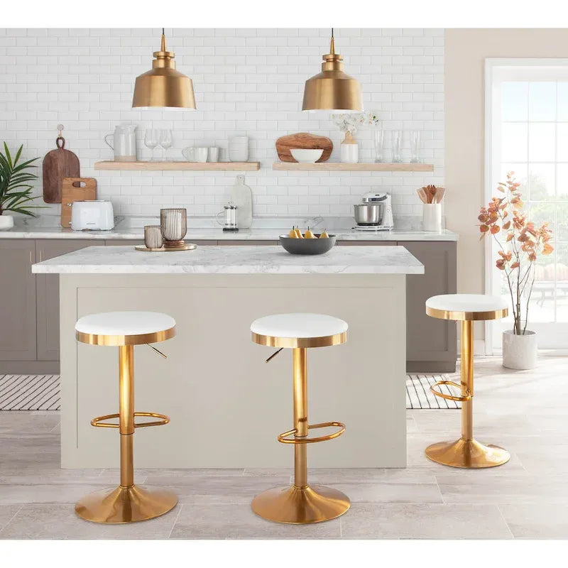 Adjustable Bar Stools Set of 2 - 360° Swivel - Gold Steel Frame - White Faux Leather - 23-31.75"H - Built-in Footrest - 250 lbs Capacity - Glam Modern Style