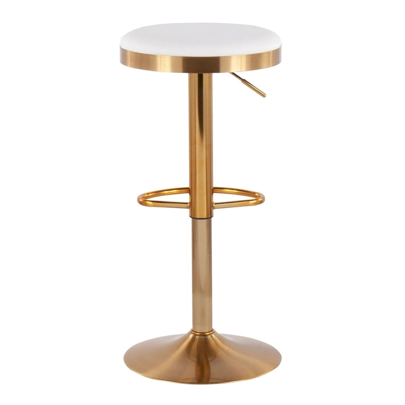 Adjustable Bar Stools Set of 2 - 360° Swivel - Gold Steel Frame - White Faux Leather - 23-31.75"H - Built-in Footrest - 250 lbs Capacity - Glam Modern Style