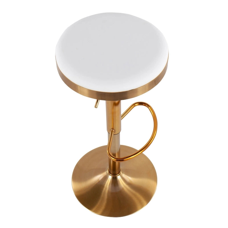 Adjustable Bar Stools Set of 2 - 360° Swivel - Gold Steel Frame - White Faux Leather - 23-31.75"H - Built-in Footrest - 250 lbs Capacity - Glam Modern Style