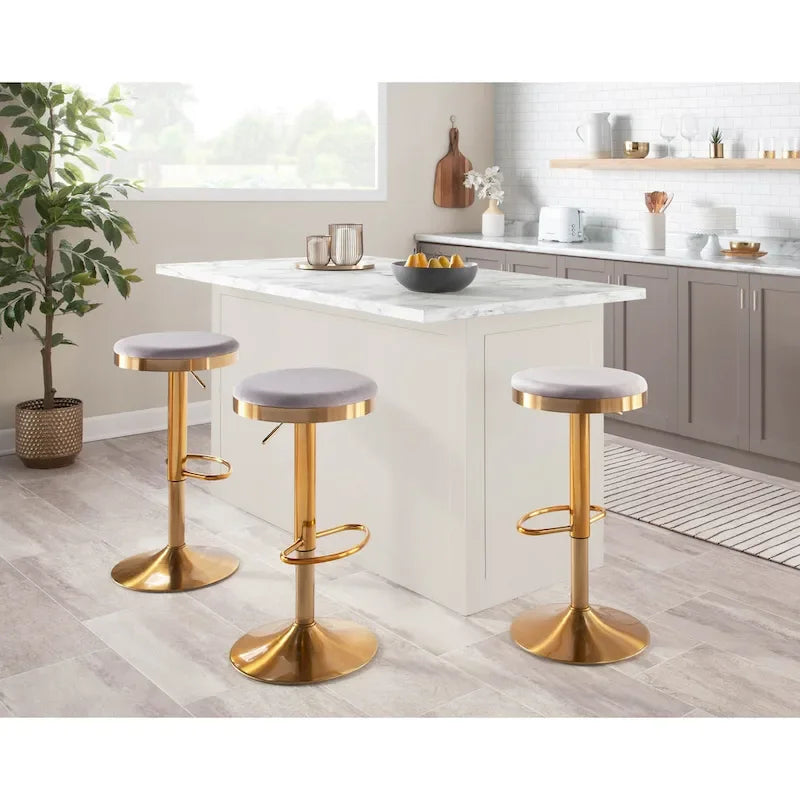 Adjustable Bar Stools Set of 2 - 360° Swivel - Gold Steel Frame - White Faux Leather - 23-31.75"H - Built-in Footrest - 250 lbs Capacity - Glam Modern Style