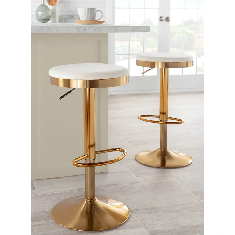 Adjustable Bar Stools Set of 2 - 360° Swivel - Gold Steel Frame - White Faux Leather - 23-31.75"H - Built-in Footrest - 250 lbs Capacity - Glam Modern Style