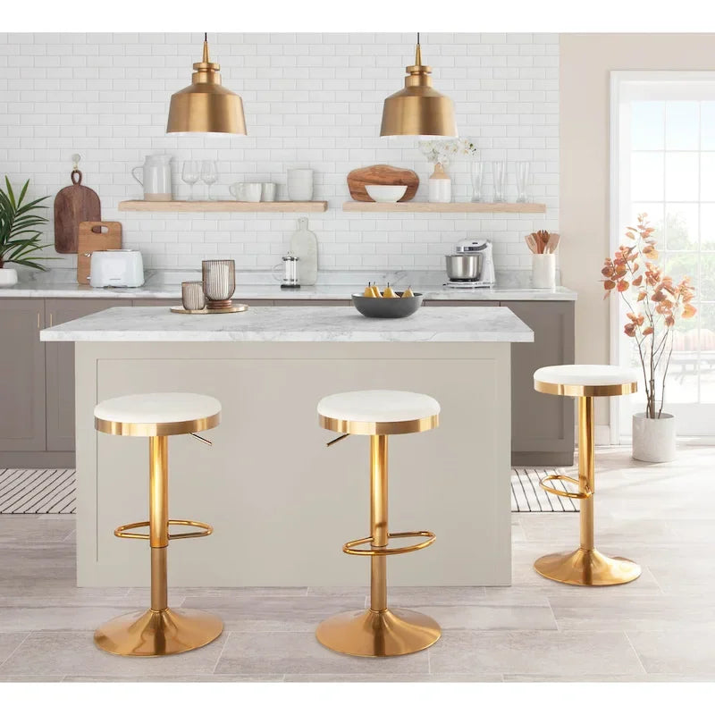 Adjustable Bar Stools Set of 2 - 360° Swivel - Gold Steel Frame - White Faux Leather - 23-31.75"H - Built-in Footrest - 250 lbs Capacity - Glam Modern Style