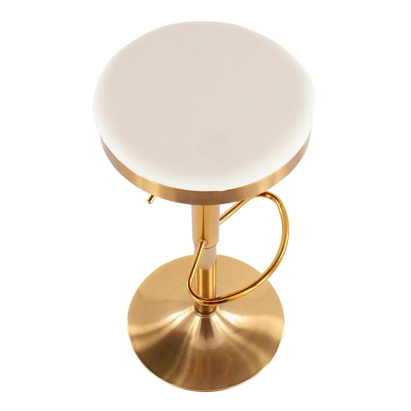 Adjustable Bar Stools Set of 2 - 360° Swivel - Gold Steel Frame - White Faux Leather - 23-31.75"H - Built-in Footrest - 250 lbs Capacity - Glam Modern Style