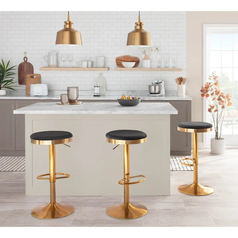 Adjustable Bar Stools Set of 2 - 360° Swivel - Gold Steel Frame - White Faux Leather - 23-31.75"H - Built-in Footrest - 250 lbs Capacity - Glam Modern Style