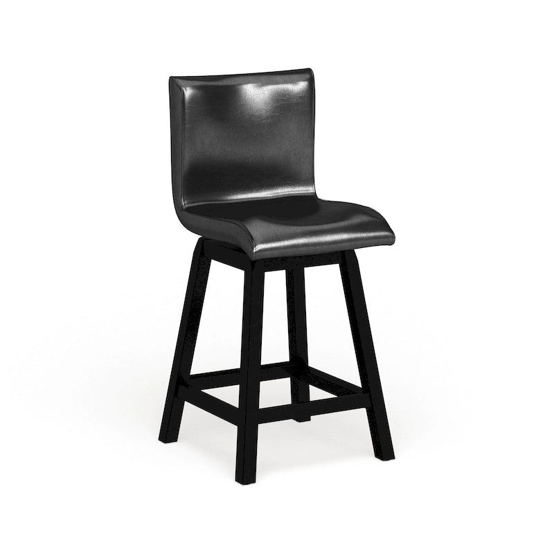 Counter Height Swivel Chairs Set of 2 - 180° Rotation - Black Faux Leather - Foam Cushion - Solid Wood Frame - 24.75"H Seat - Footrest - 250 lbs - Contemporary